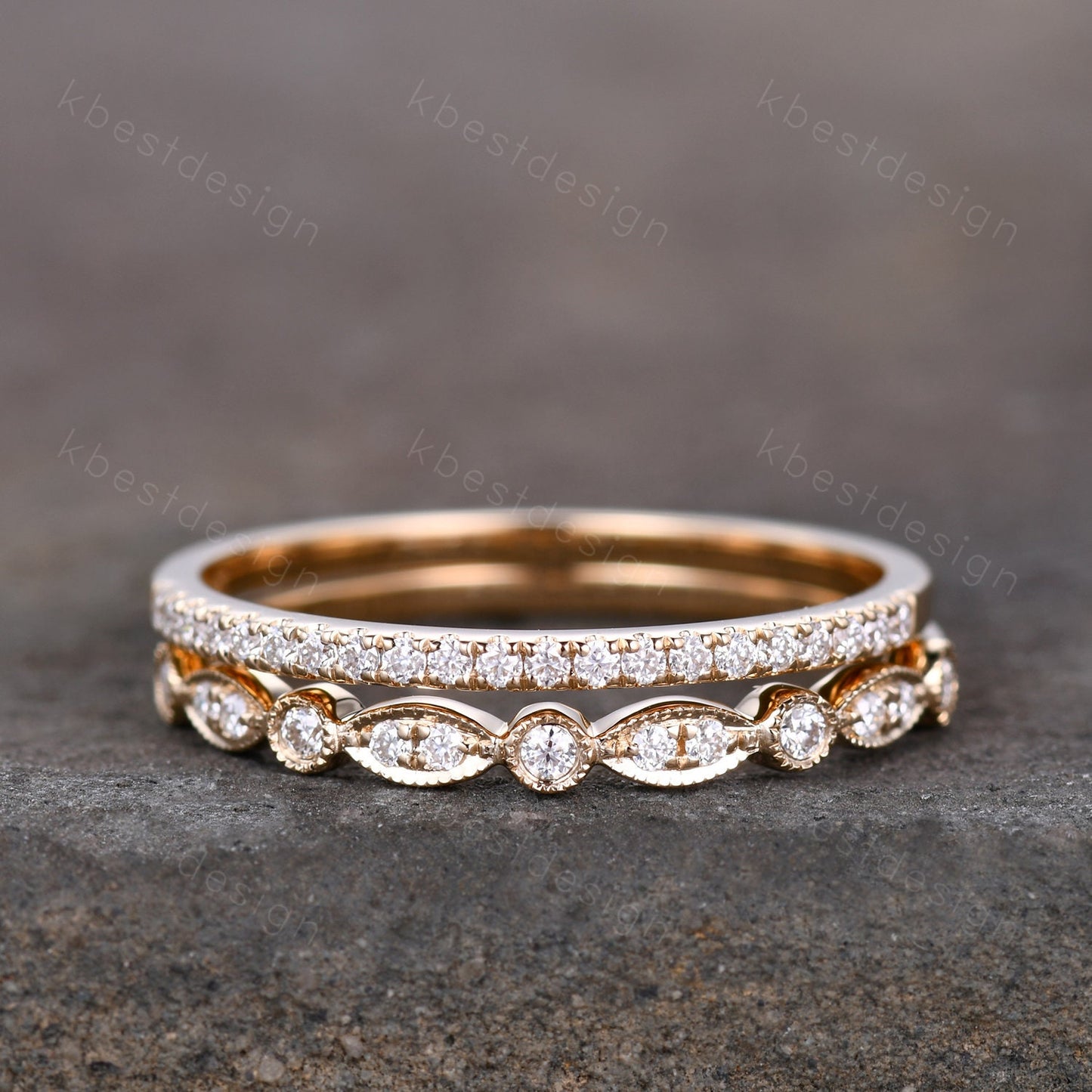 14K Solid Yellow Gold Rings/Moissanite Wedding Ring Set/Art Deco Half Eternity Stacking Matching Bands/Wedding Band for Women/Anniversary