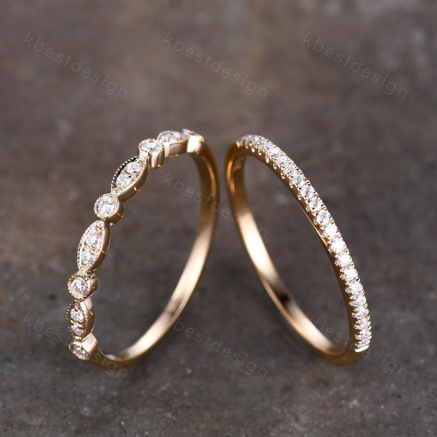 14K Solid Yellow Gold Rings/Moissanite Wedding Ring Set/Art Deco Half Eternity Stacking Matching Bands/Wedding Band for Women/Anniversary