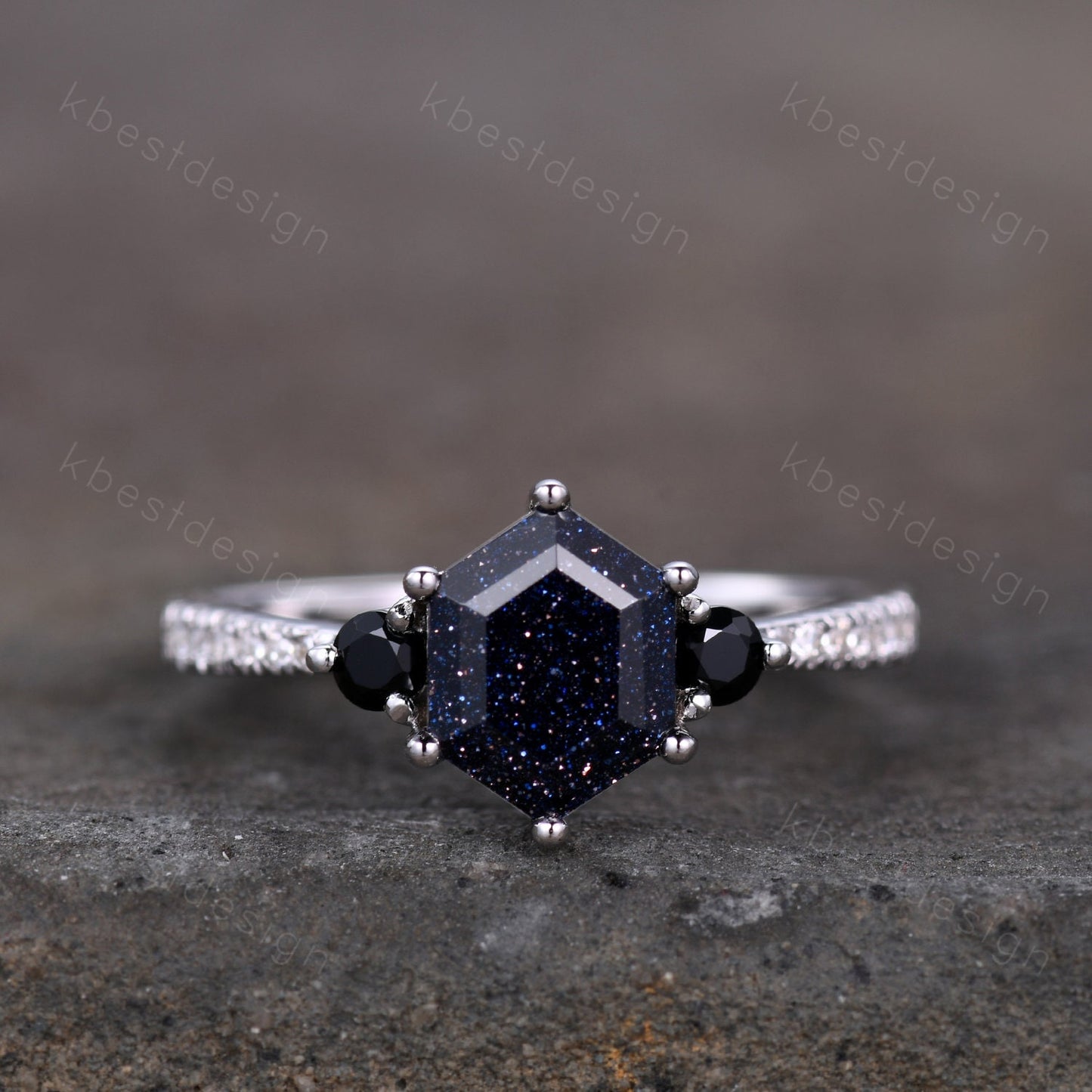 Hexagon Blue Sandstone Engagement Ring Set Sterling Silver Vintage Black Diamond Promise Ring Unique Curved Stacking Band Bridal Ring Set