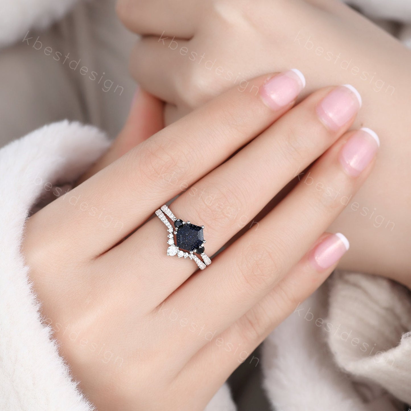 Hexagon Blue Sandstone Engagement Ring Set Sterling Silver Vintage Black Diamond Promise Ring Unique Curved Stacking Band Bridal Ring Set