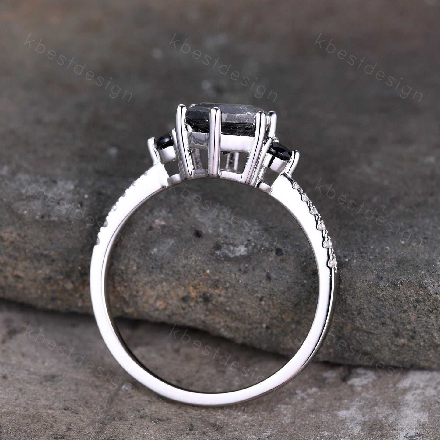 Unique Black Rutile Quartz Engagement Ring,Black Rutilated Quartz Promise Ring,Black Diamond Three Stone Ring,Promise Gift for Her