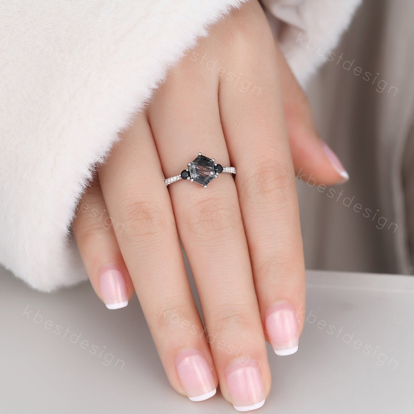 Unique Black Rutile Quartz Engagement Ring,Black Rutilated Quartz Promise Ring,Black Diamond Three Stone Ring,Promise Gift for Her