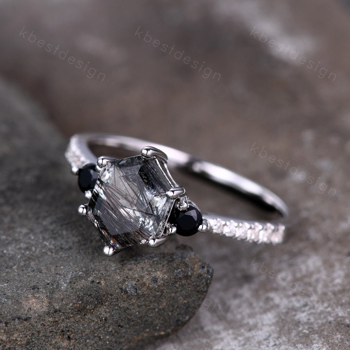 Unique Black Rutile Quartz Engagement Ring,Black Rutilated Quartz Promise Ring,Black Diamond Three Stone Ring,Promise Gift for Her