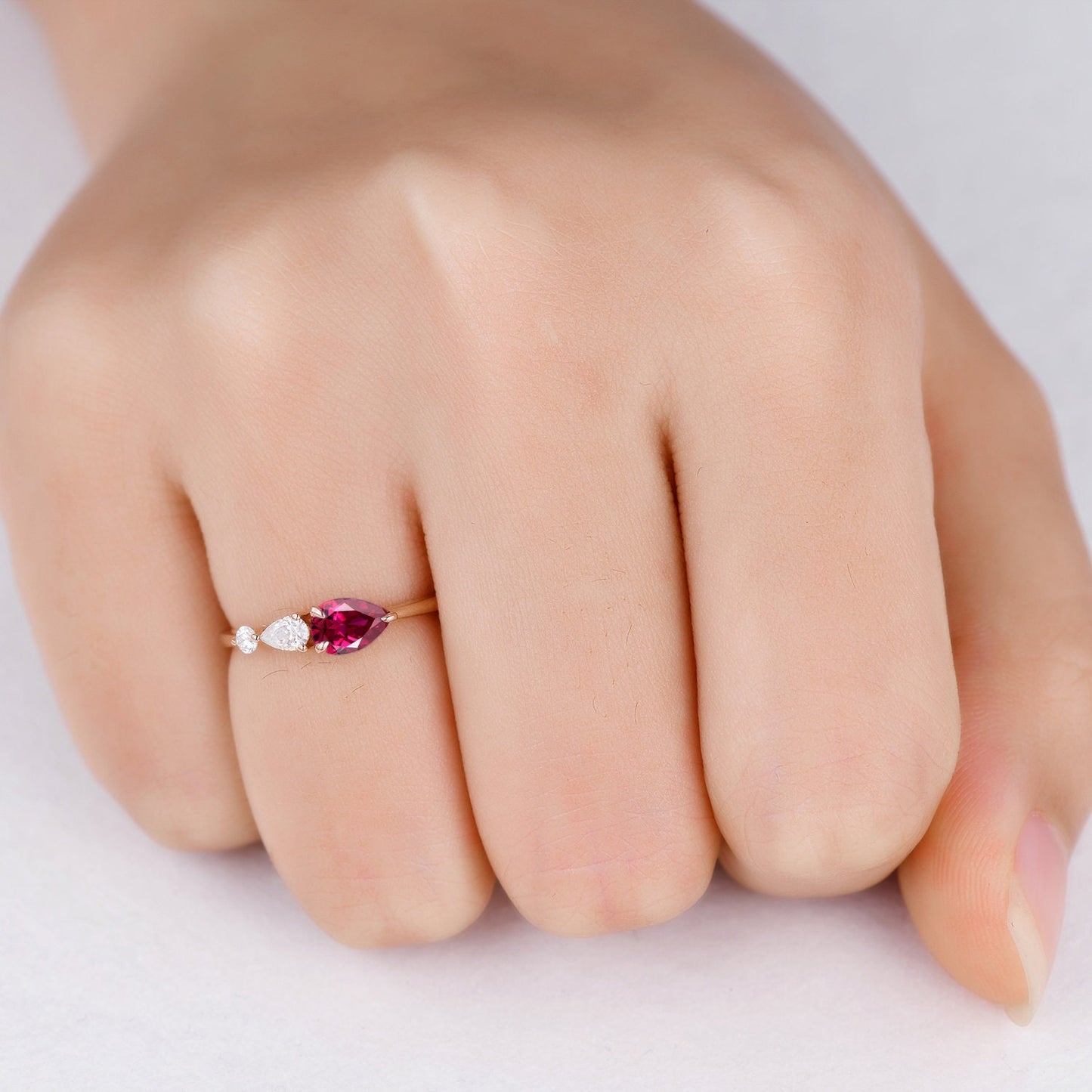 Vintage Red Ruby Ring Engagement Ring,Pear Cut Gems,Art Deco Moissanite Wedding Band,3 Stone Unique Women Bridal Promise Ring,Gold Ring Gift