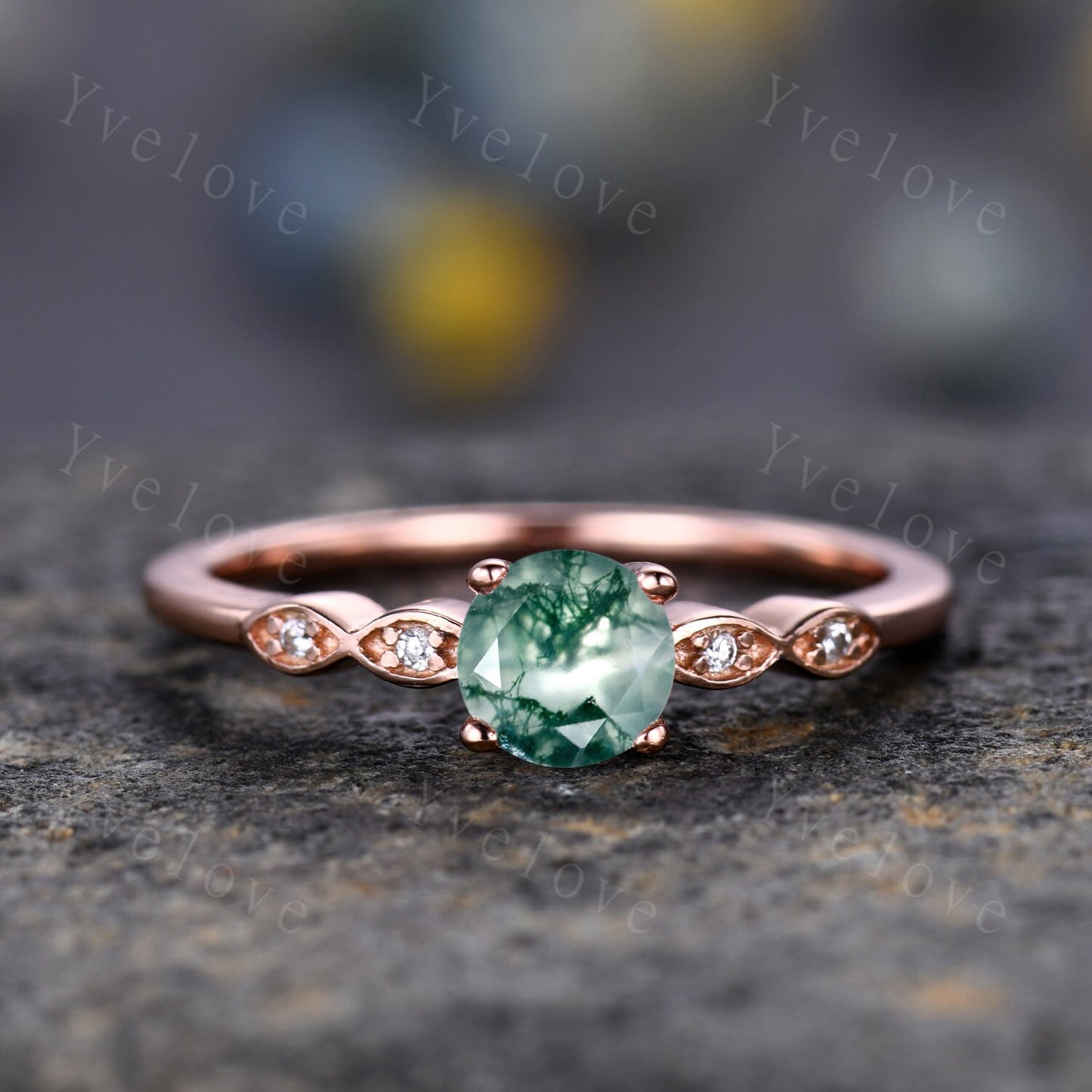 Minimalist moss agate engagement ring,5mm round cut green agate ring,14k solid gold women art deco diamond wedding Stacking band bridal ring