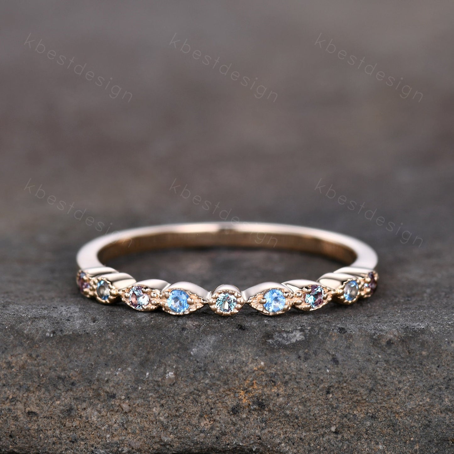 Alexandrite and Blue Topaz Ring, Alexandrite Wedding Band, June Birthstone Ring, Art Deco Stackable Ring, Anniversary Ring, Gift For Her