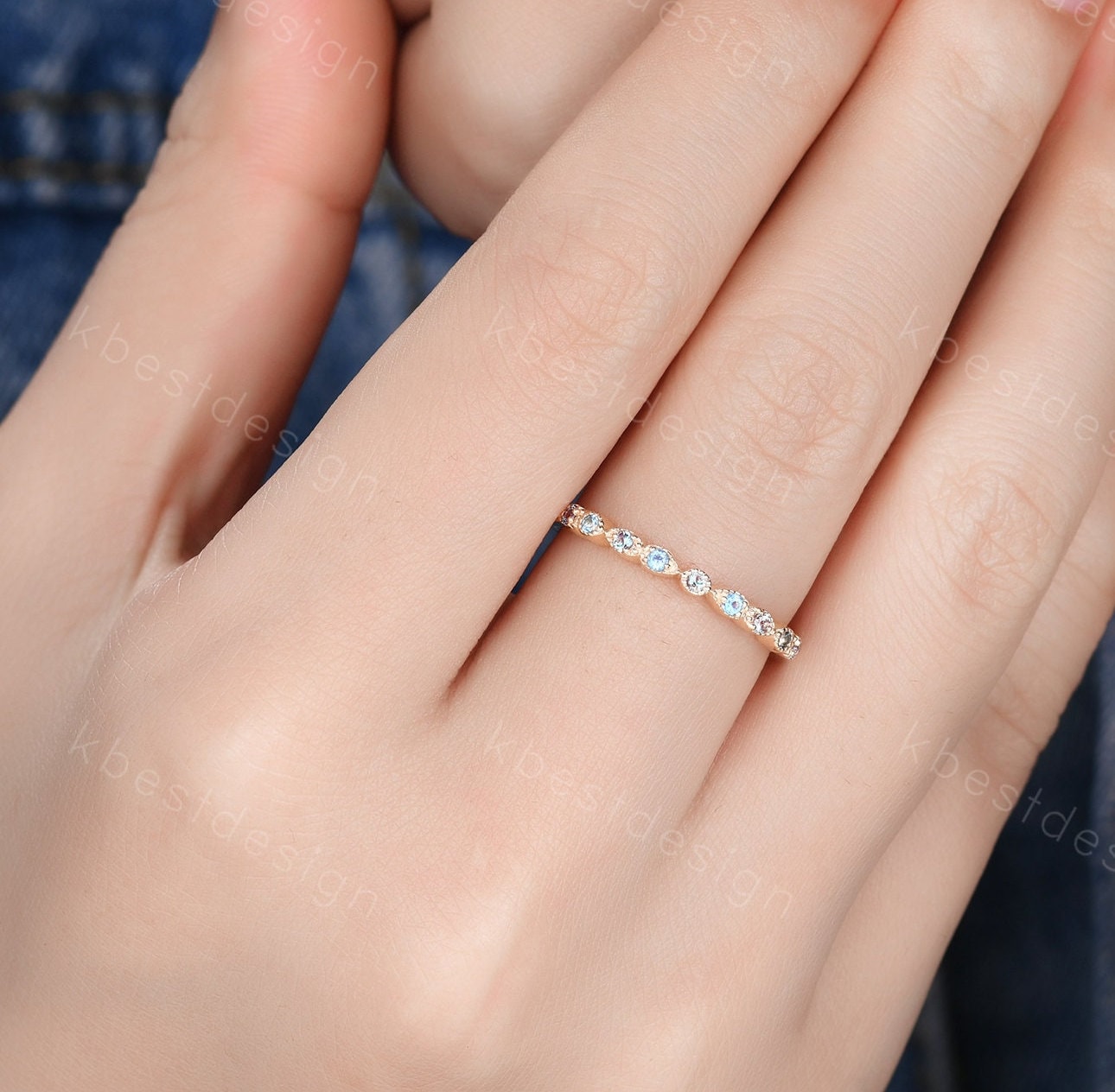 Alexandrite and Blue Topaz Ring, Alexandrite Wedding Band, June Birthstone Ring, Art Deco Stackable Ring, Anniversary Ring, Gift For Her