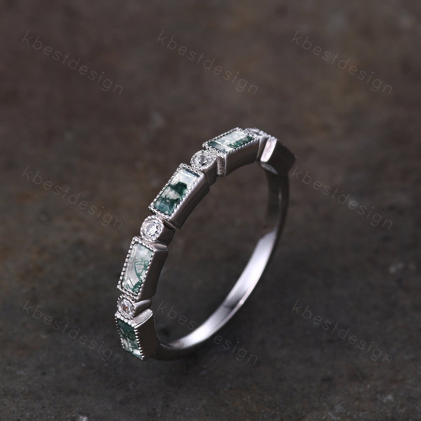Moss Agate Wedding Band Half Eternity Baguette Moss Agate Band Art Deco Stacking Wedding Ring Anniversary Ring Sterling Silver Rose Gold