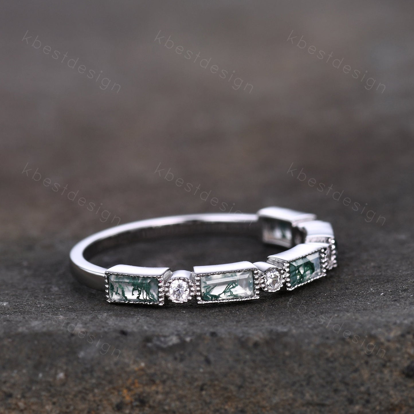 Moss Agate Wedding Band Half Eternity Baguette Moss Agate Band Art Deco Stacking Wedding Ring Anniversary Ring Sterling Silver Rose Gold