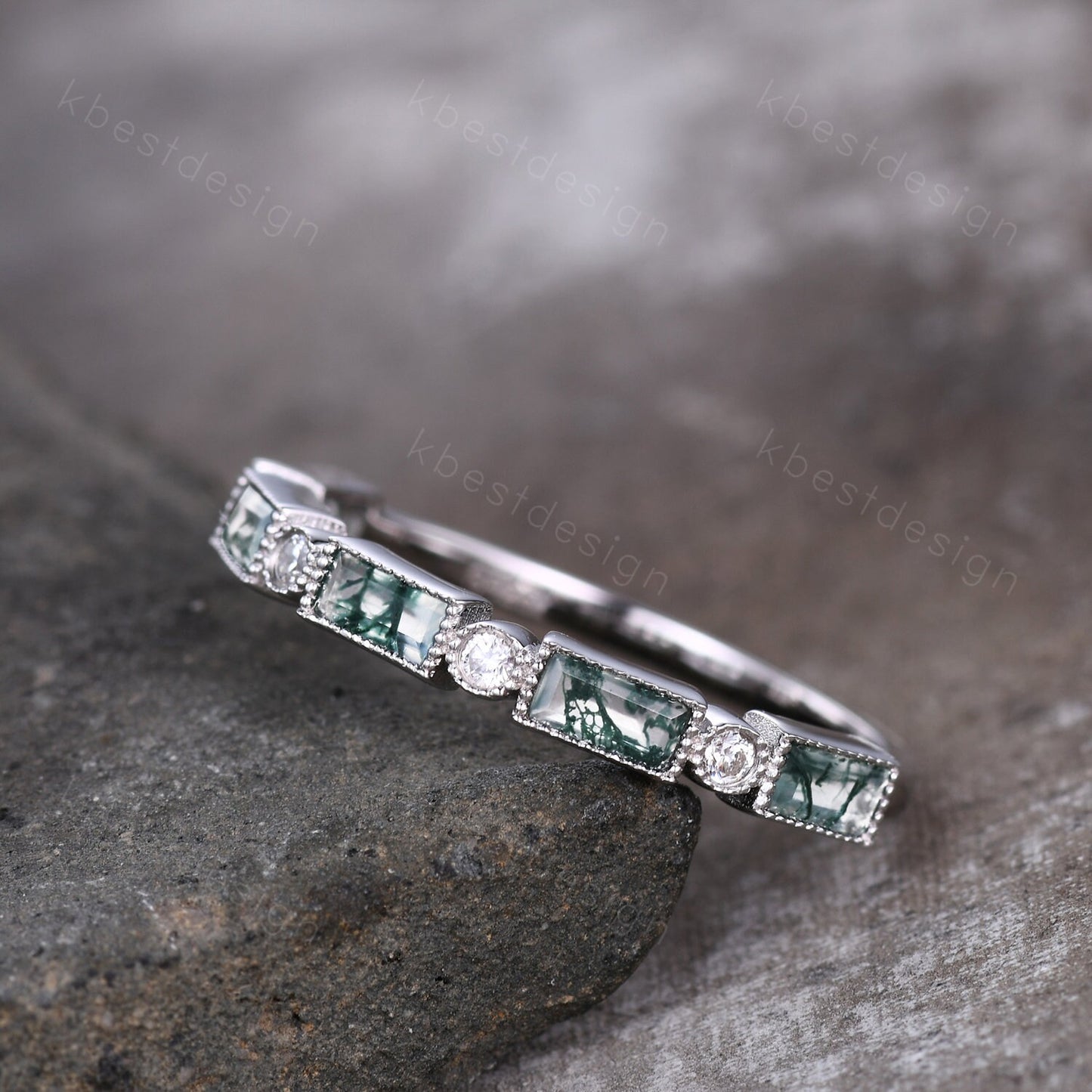 Moss Agate Wedding Band Half Eternity Baguette Moss Agate Band Art Deco Stacking Wedding Ring Anniversary Ring Sterling Silver Rose Gold
