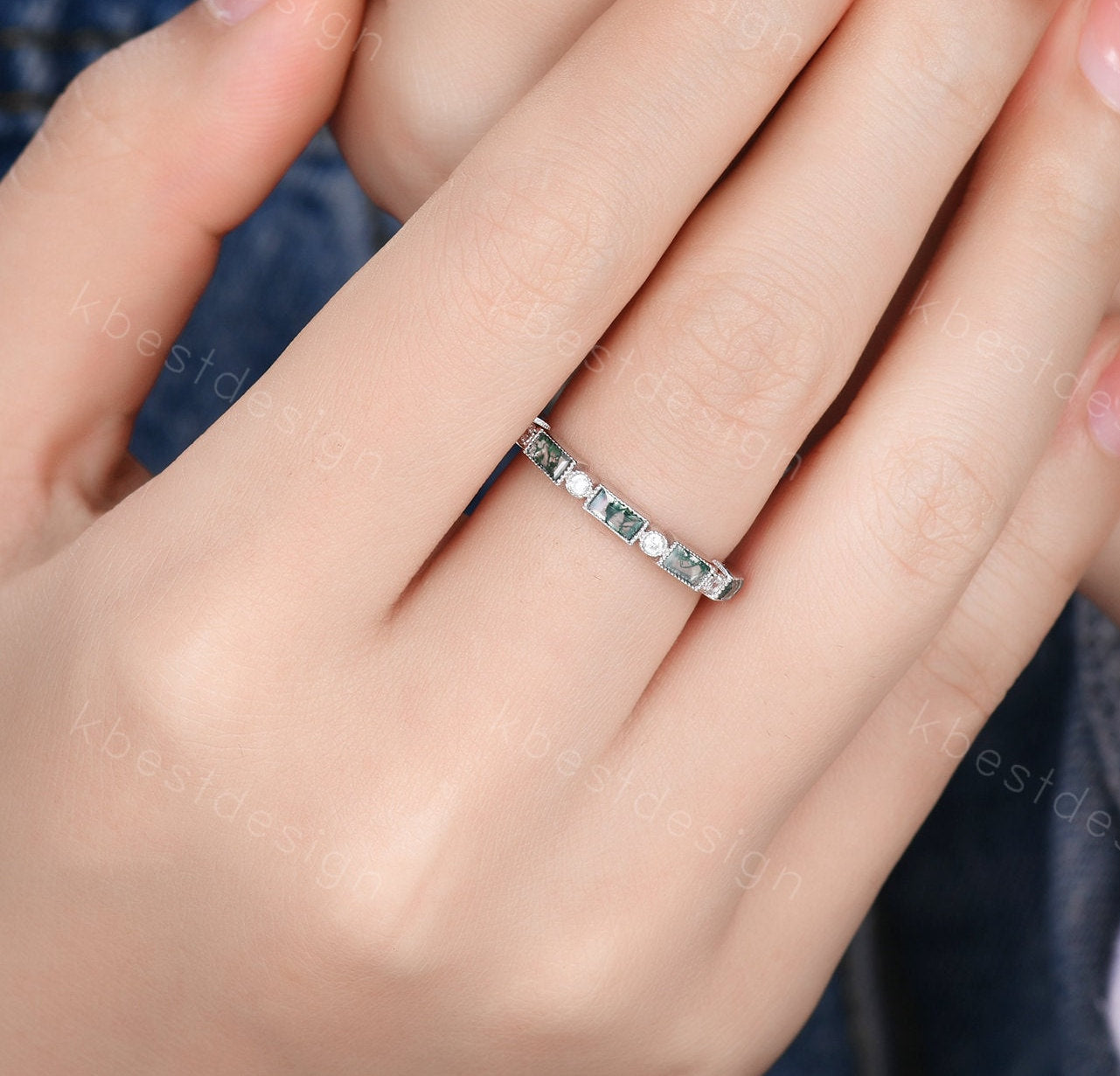 Moss Agate Wedding Band Half Eternity Baguette Moss Agate Band Art Deco Stacking Wedding Ring Anniversary Ring Sterling Silver Rose Gold