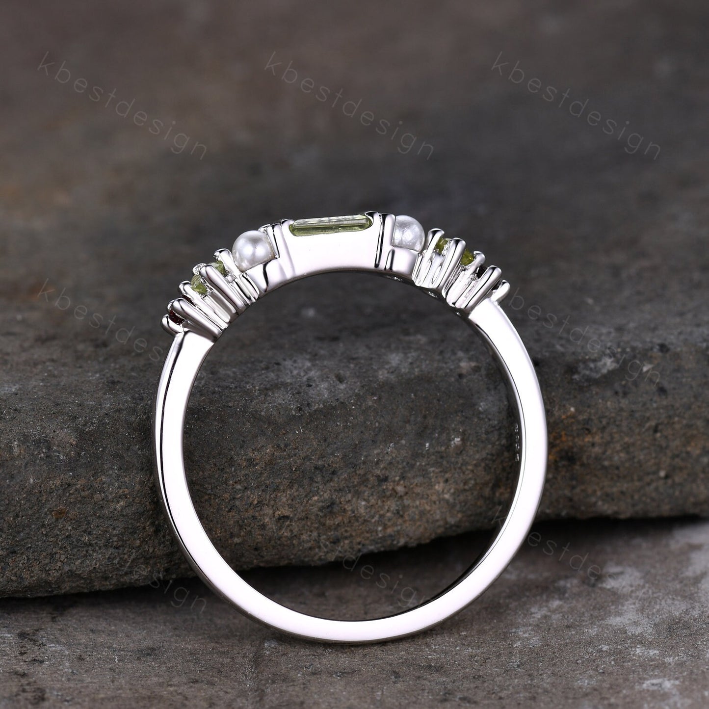 Baguette Peridot Ring,Peridot and Pearl Wedding Band,Sterling Silver Multi Gemstone Ring,Birthstone Jewelry,Gift For Mom,Personalized Gift
