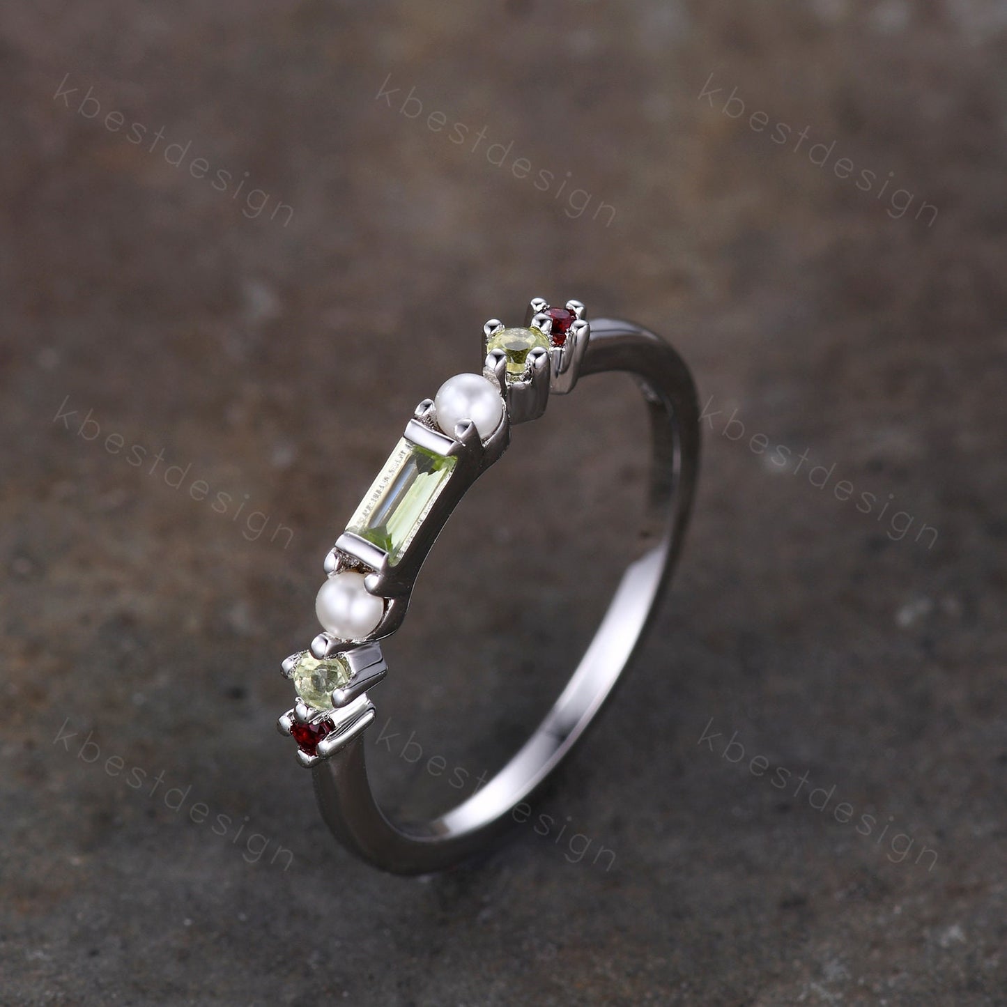 Baguette Peridot Ring,Peridot and Pearl Wedding Band,Sterling Silver Multi Gemstone Ring,Birthstone Jewelry,Gift For Mom,Personalized Gift