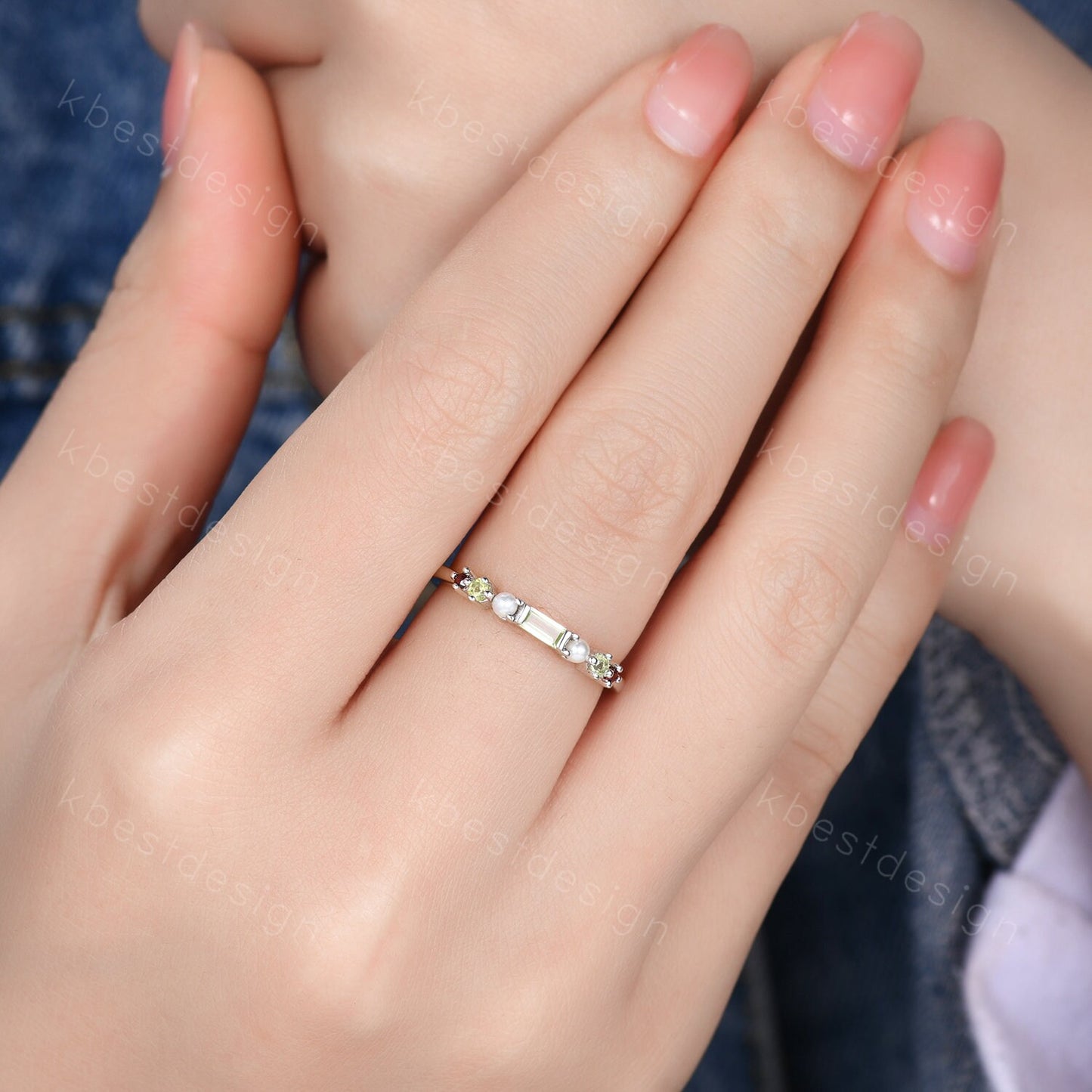 Baguette Peridot Ring,Peridot and Pearl Wedding Band,Sterling Silver Multi Gemstone Ring,Birthstone Jewelry,Gift For Mom,Personalized Gift