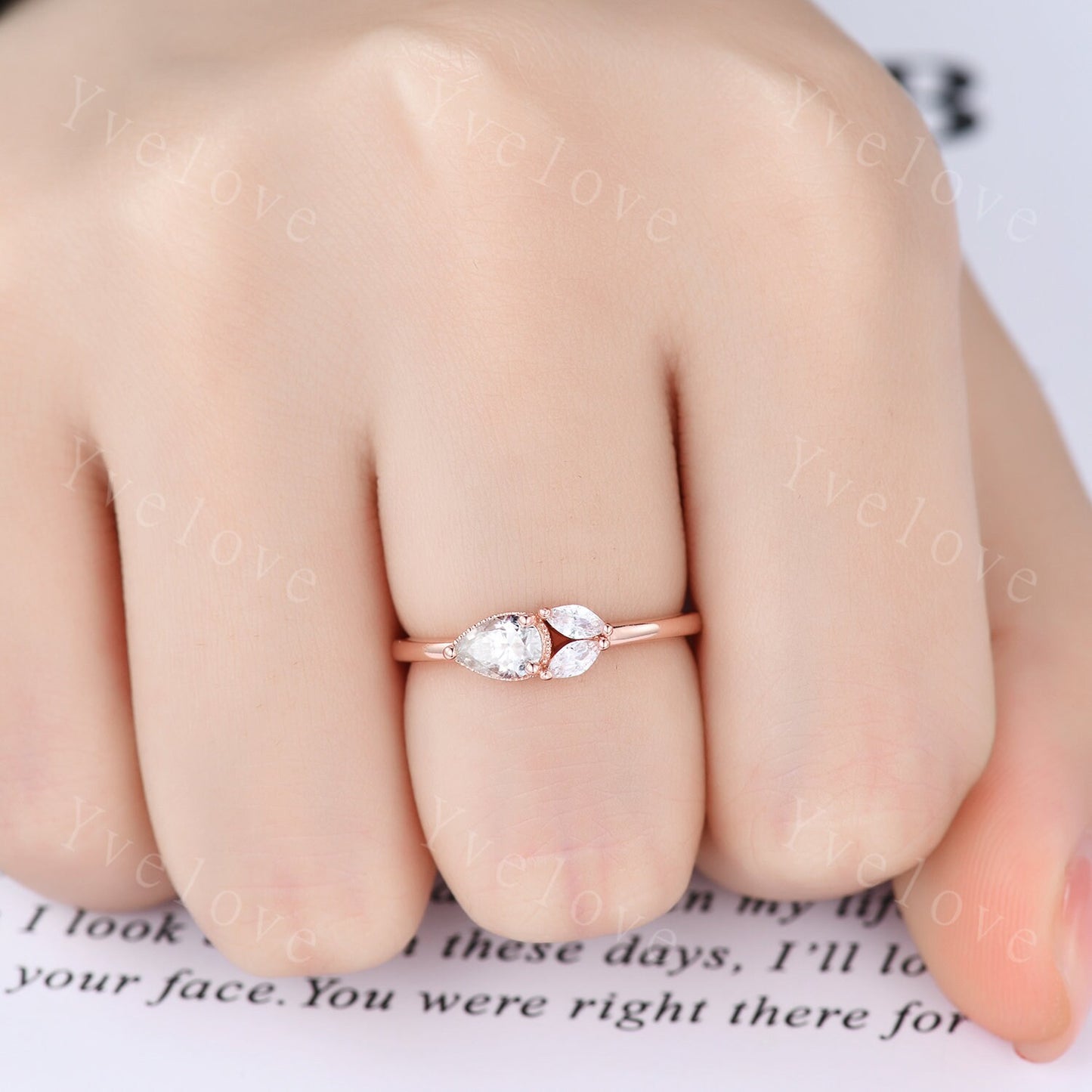 Minimalist Pear Moissante Wedding Ring,Art Deco Moissanite Stacking Band,Milgrain,Rose gold,3 Stone Unique Women Bridal Cluster Ring Gift