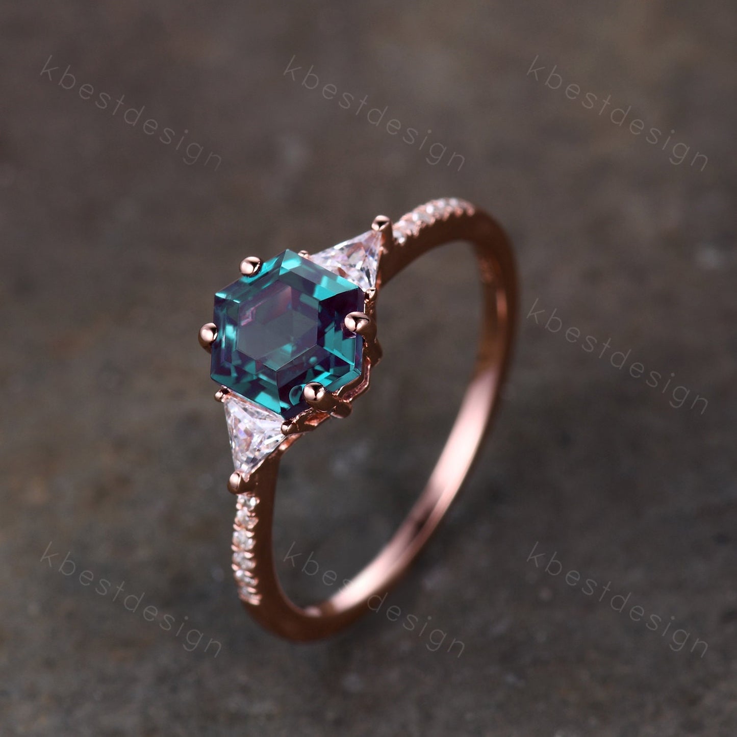 Hexagon cut Alexandrite ring Rose gold ring for women Vintage Alexandrite engagement ring unique three stone moissanite ring Promise gift