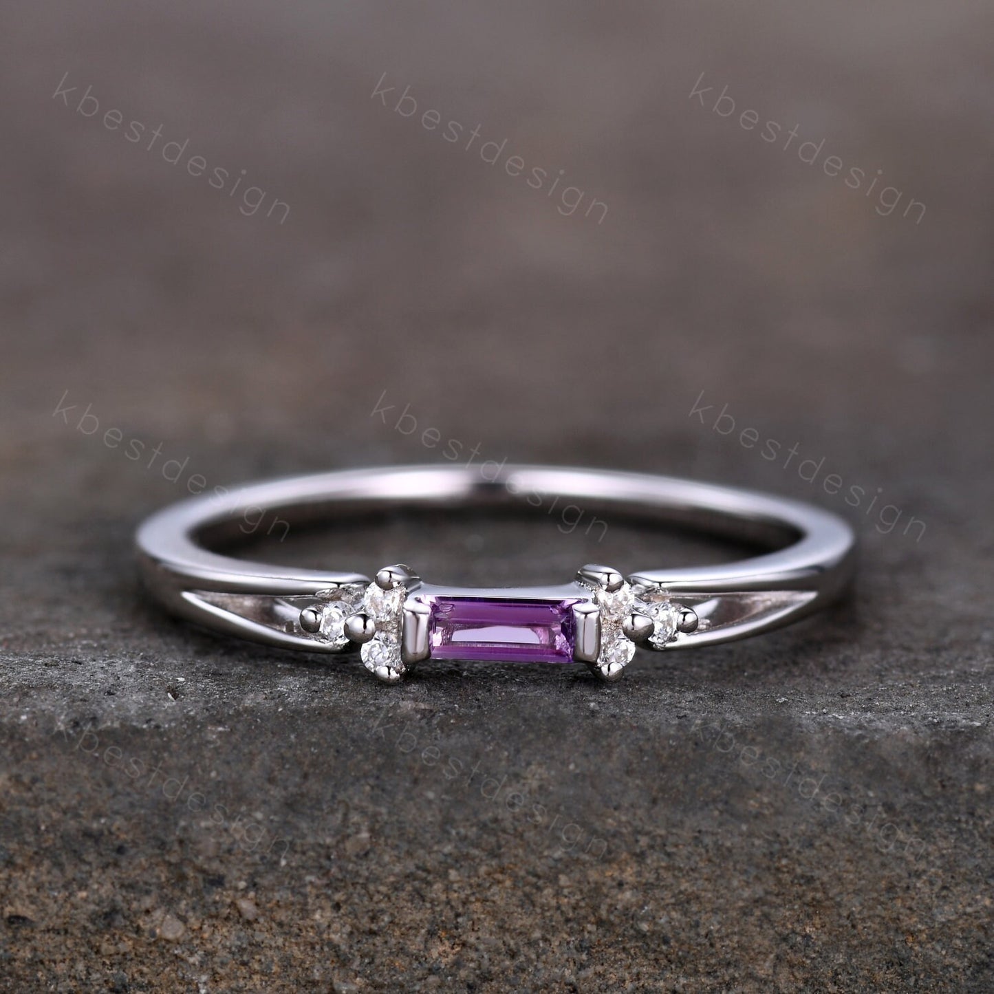 Baguette Amethyst Ring, Purple Amethyst Wedding Ring, Sterling Silver Wedding Band, Dainty Ring, February Birthstone Ring, Anniversary Gift