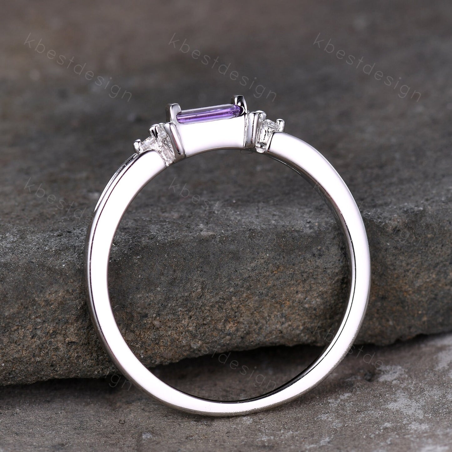 Baguette Amethyst Ring, Purple Amethyst Wedding Ring, Sterling Silver Wedding Band, Dainty Ring, February Birthstone Ring, Anniversary Gift