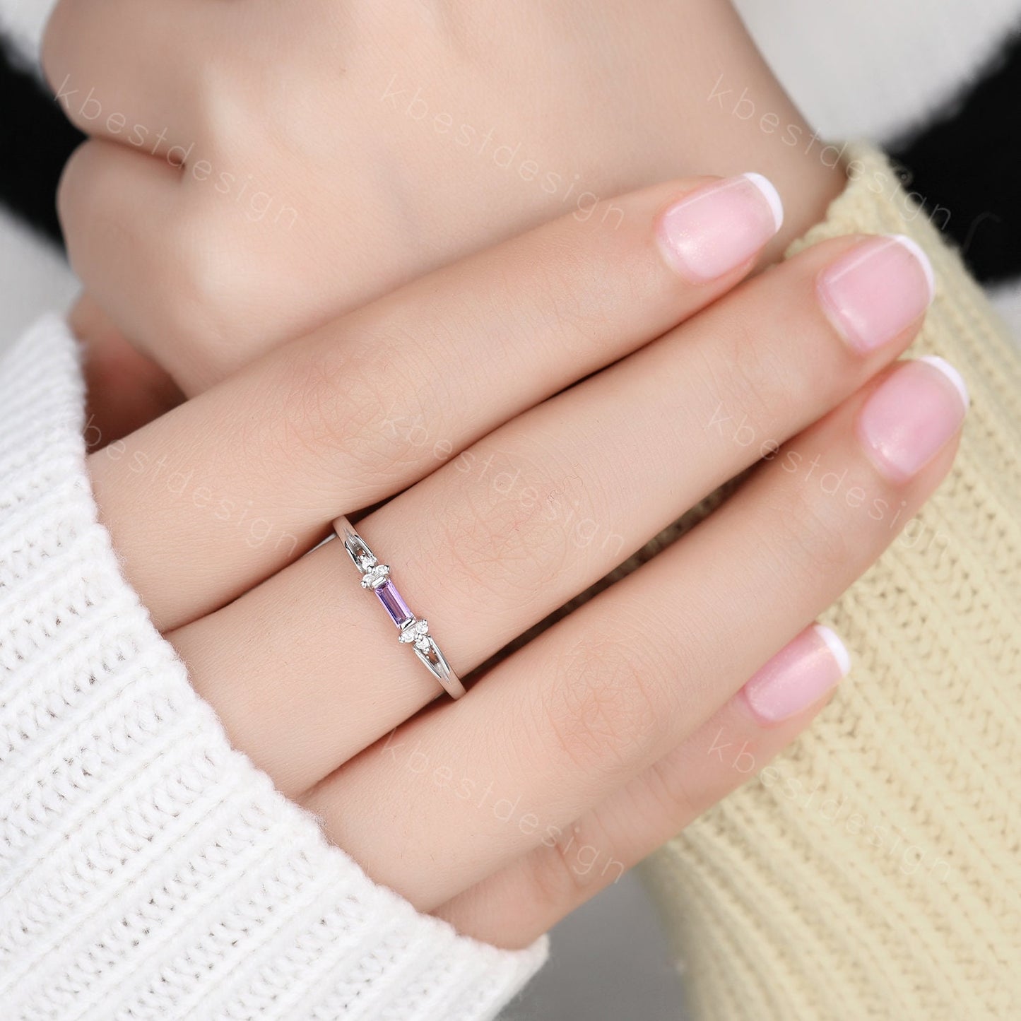 Baguette Amethyst Ring, Purple Amethyst Wedding Ring, Sterling Silver Wedding Band, Dainty Ring, February Birthstone Ring, Anniversary Gift
