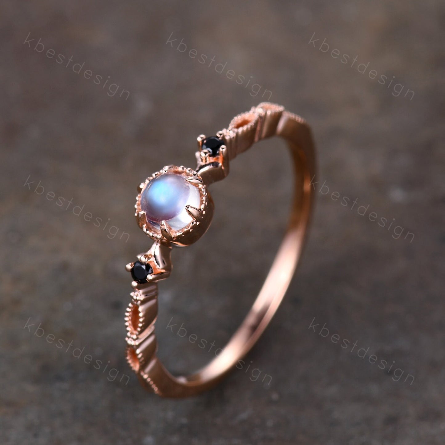 Dainty Rainbow Moonstone Engagement Ring Rose Gold Black Spinel Wedding Ring Art Deco Unique Bridal ring Promise Anniversary ring