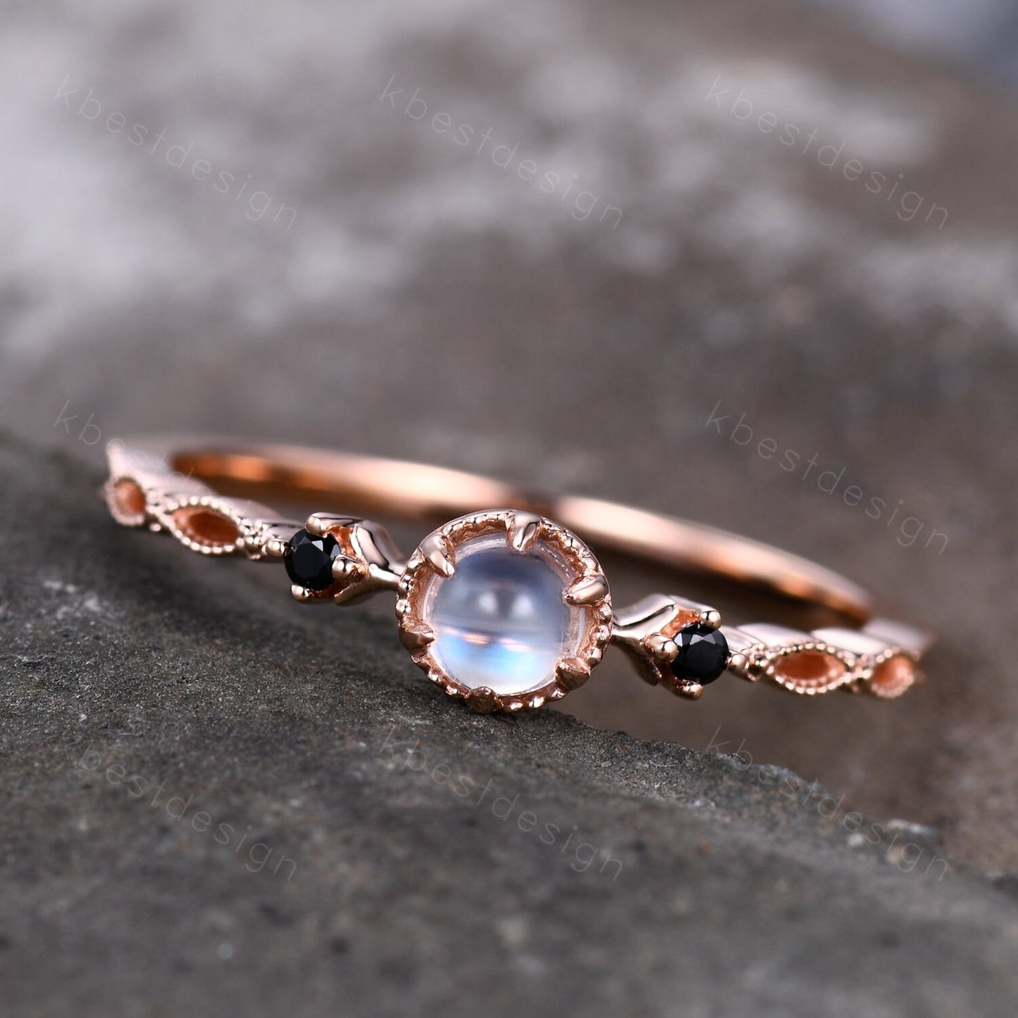 Dainty Rainbow Moonstone Engagement Ring Rose Gold Black Spinel Wedding Ring Art Deco Unique Bridal ring Promise Anniversary ring