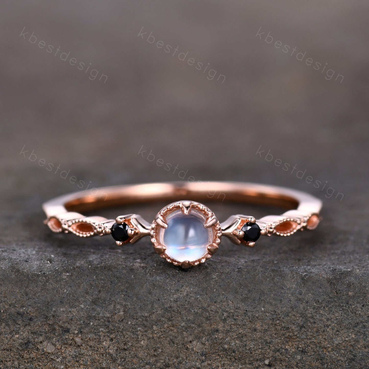 Dainty Rainbow Moonstone Engagement Ring Rose Gold Black Spinel Wedding Ring Art Deco Unique Bridal ring Promise Anniversary ring