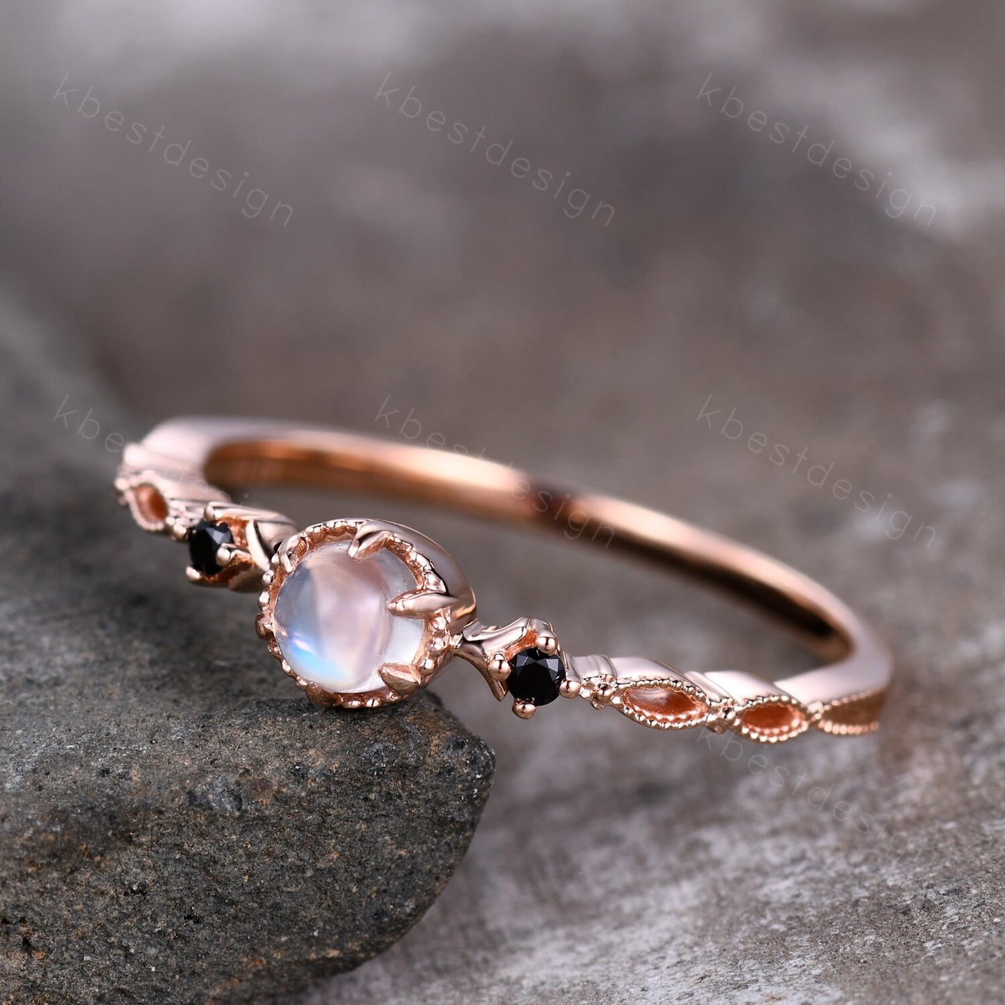 Dainty Rainbow Moonstone Engagement Ring Rose Gold Black Spinel Wedding Ring Art Deco Unique Bridal ring Promise Anniversary ring