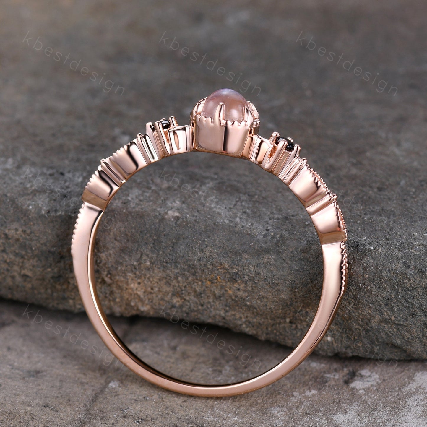 Dainty Rainbow Moonstone Engagement Ring Rose Gold Black Spinel Wedding Ring Art Deco Unique Bridal ring Promise Anniversary ring