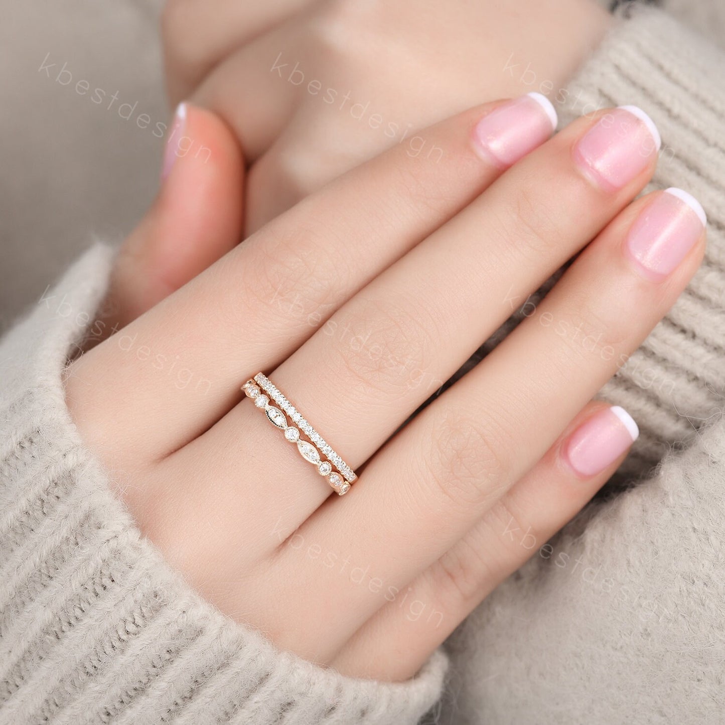 14K Solid Yellow Gold Rings/Moissanite Wedding Ring Set/Art Deco Half Eternity Stacking Matching Bands/Wedding Band for Women/Anniversary