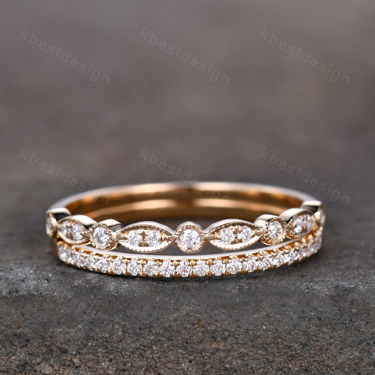 14K Solid Yellow Gold Rings/Moissanite Wedding Ring Set/Art Deco Half Eternity Stacking Matching Bands/Wedding Band for Women/Anniversary
