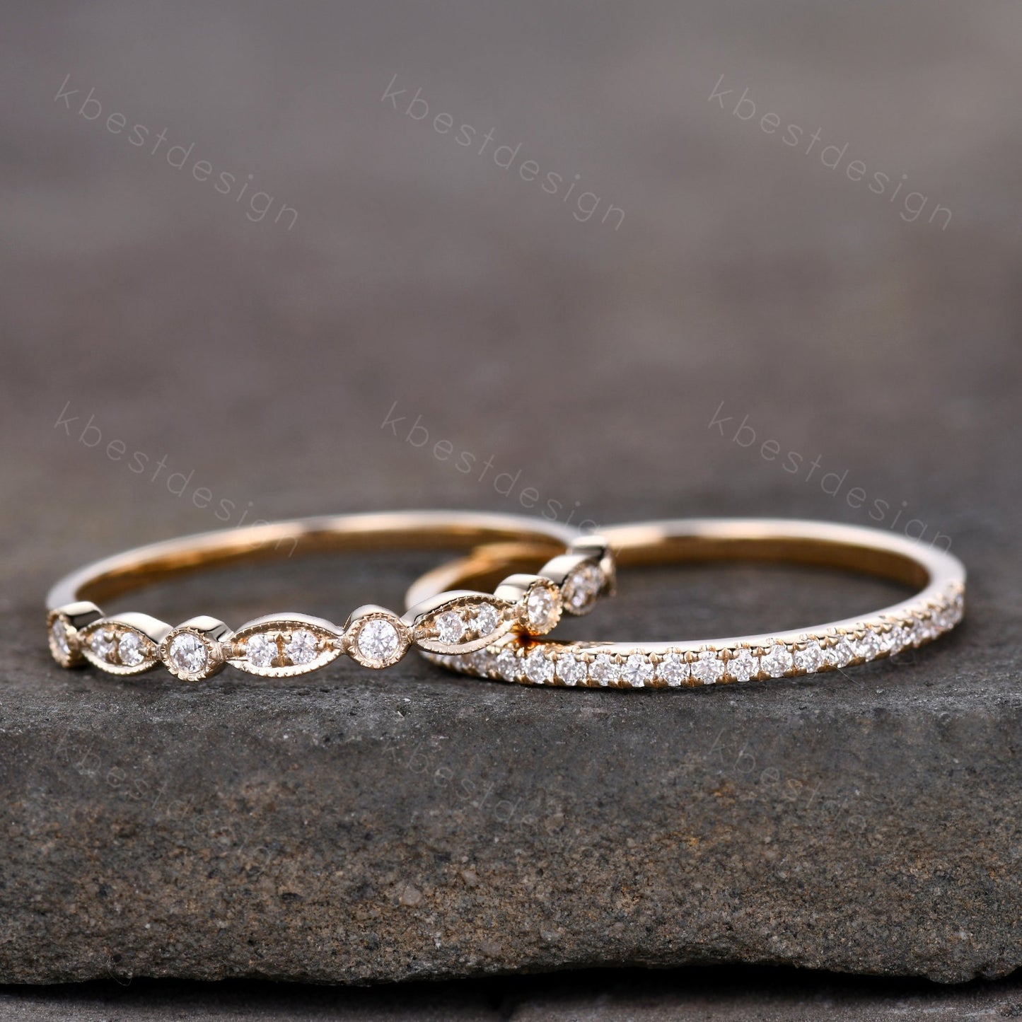 14K Solid Yellow Gold Rings/Moissanite Wedding Ring Set/Art Deco Half Eternity Stacking Matching Bands/Wedding Band for Women/Anniversary