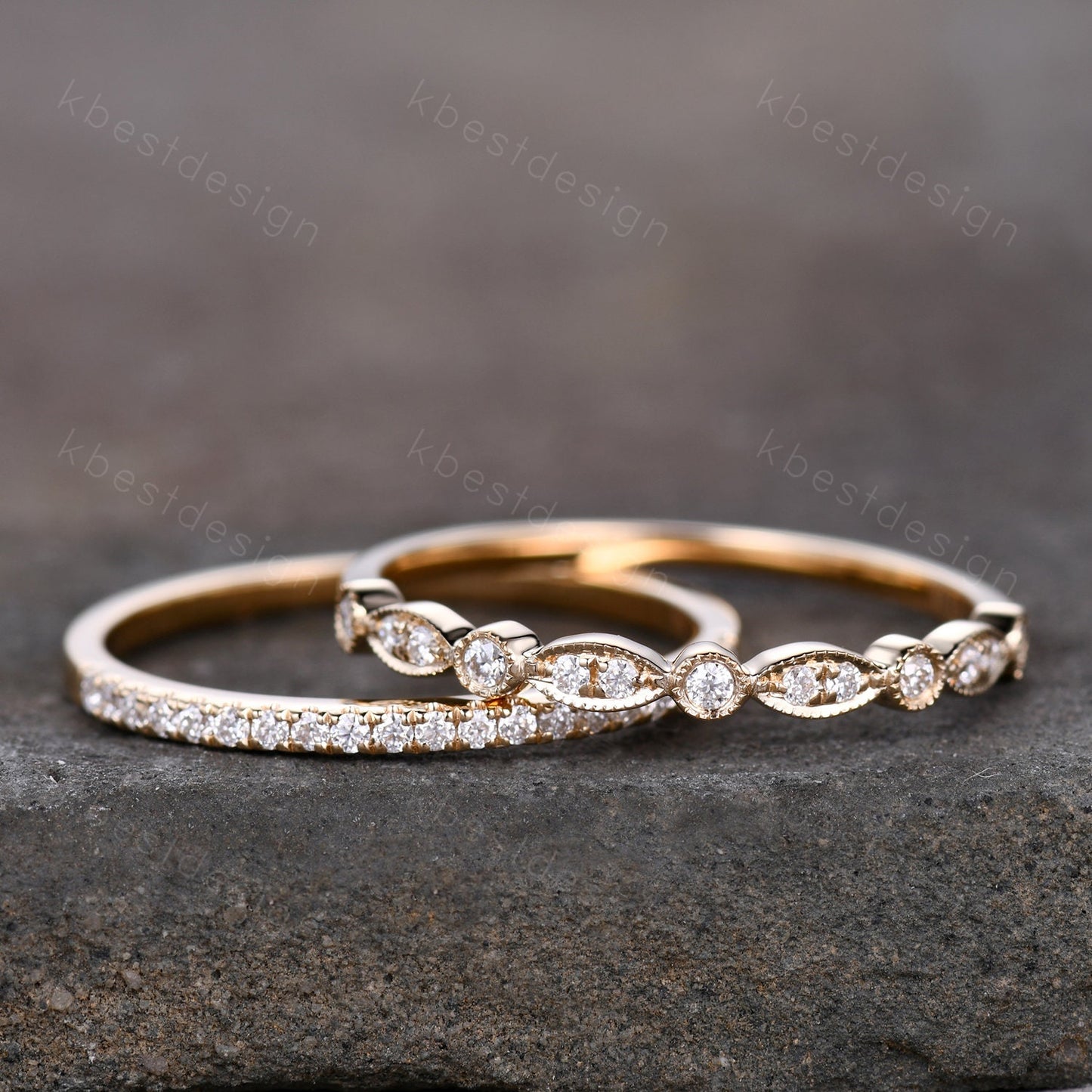 14K Solid Yellow Gold Rings/Moissanite Wedding Ring Set/Art Deco Half Eternity Stacking Matching Bands/Wedding Band for Women/Anniversary