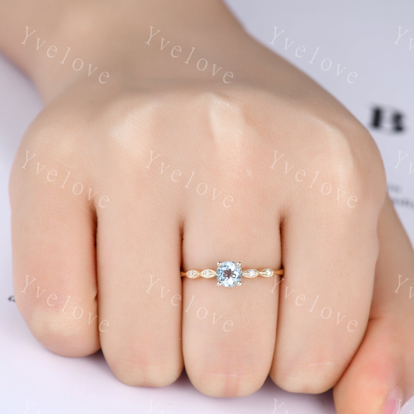 Danity aquamarine engagement ring 5mm round cut aquamarine 14k solid gold art deco diamond wedding band bridal ring March birthstone gift