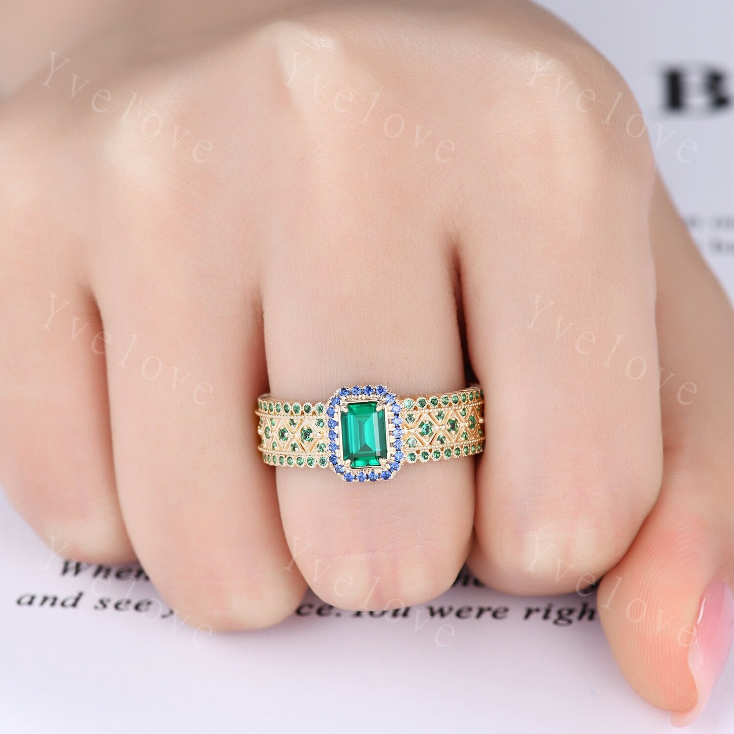 0.7ct Natural Emerald Engagement Ring Sapphire Wedding Band Emerald Gemstone Bridal Ring 14k Gold Men's Statement Ring Anniversary Ring Gift