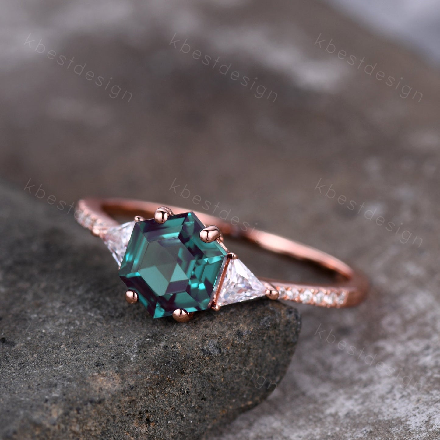 Hexagon cut Alexandrite ring Rose gold ring for women Vintage Alexandrite engagement ring unique three stone moissanite ring Promise gift