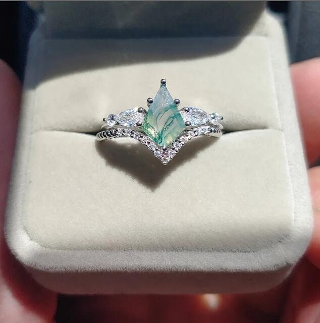 Vintage kite cut green moss agate engagement ring set sterling silver pear shaped wedding ring for women art deco bridal wedding set