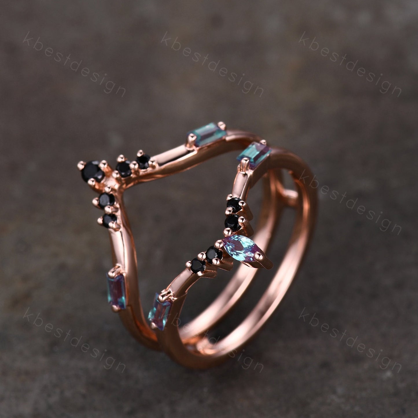 Alexandrite curved wedding band Rose gold baguette Alexandrite double curved band Unique stacking matching band Bridal wedding gift
