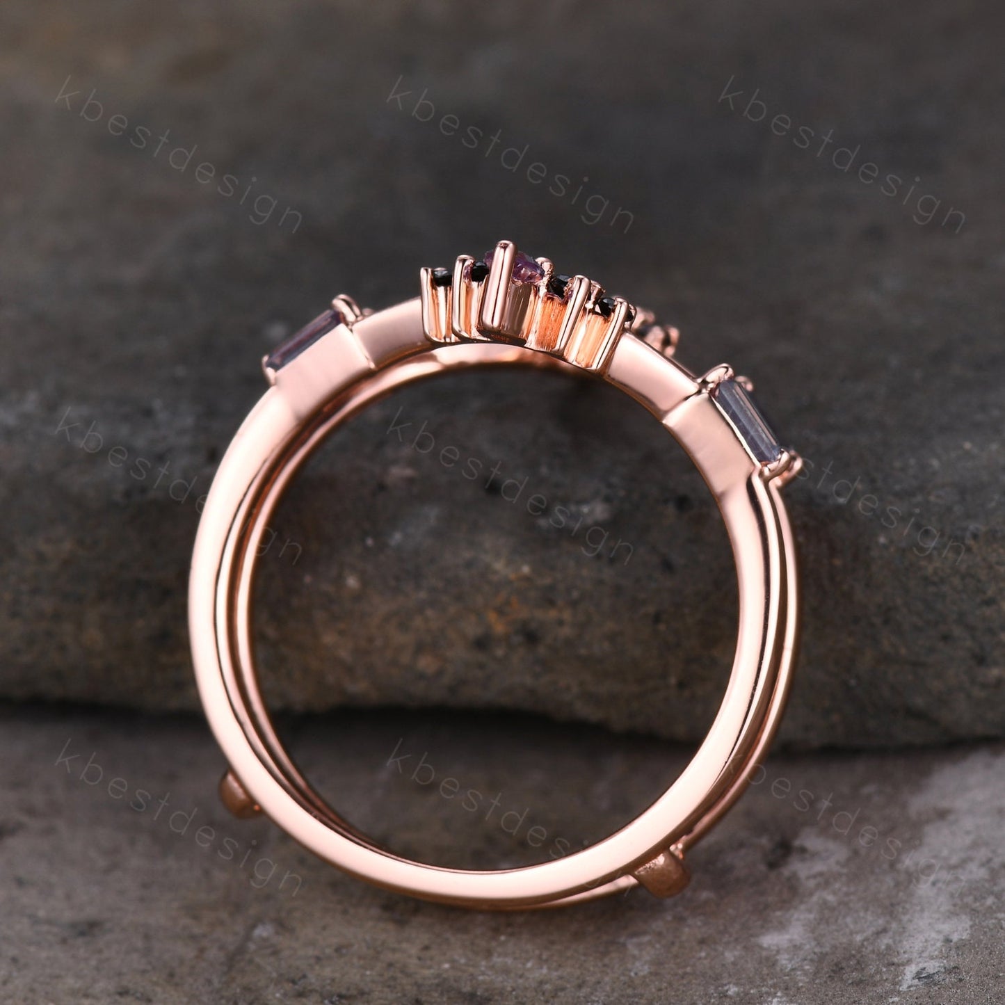 Alexandrite curved wedding band Rose gold baguette Alexandrite double curved band Unique stacking matching band Bridal wedding gift