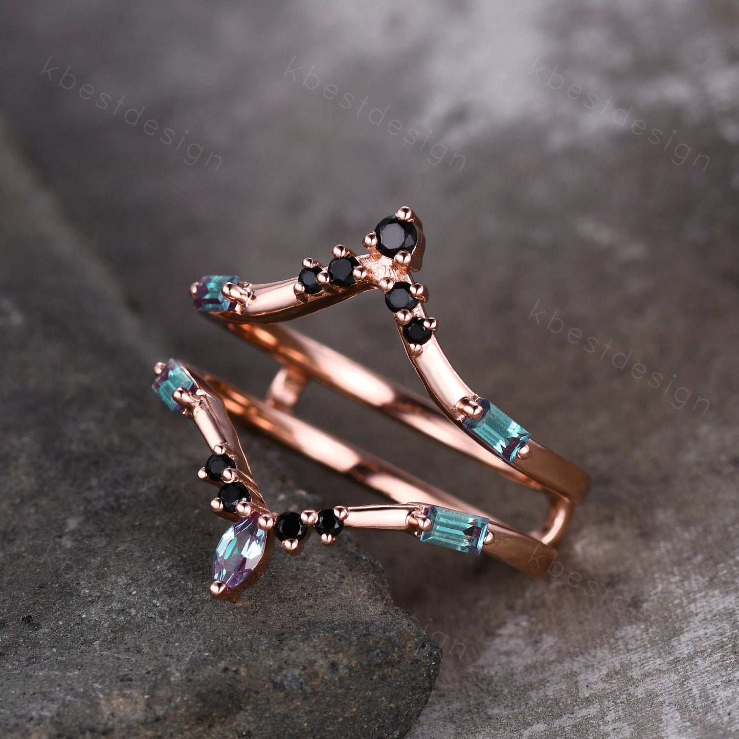 Alexandrite curved wedding band Rose gold baguette Alexandrite double curved band Unique stacking matching band Bridal wedding gift