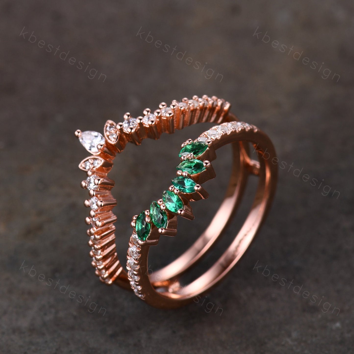 Double curved Moissanite/Emerald wedding band vintage Rose gold marquise emerald cluster band Half eternity stacking band Promise gift