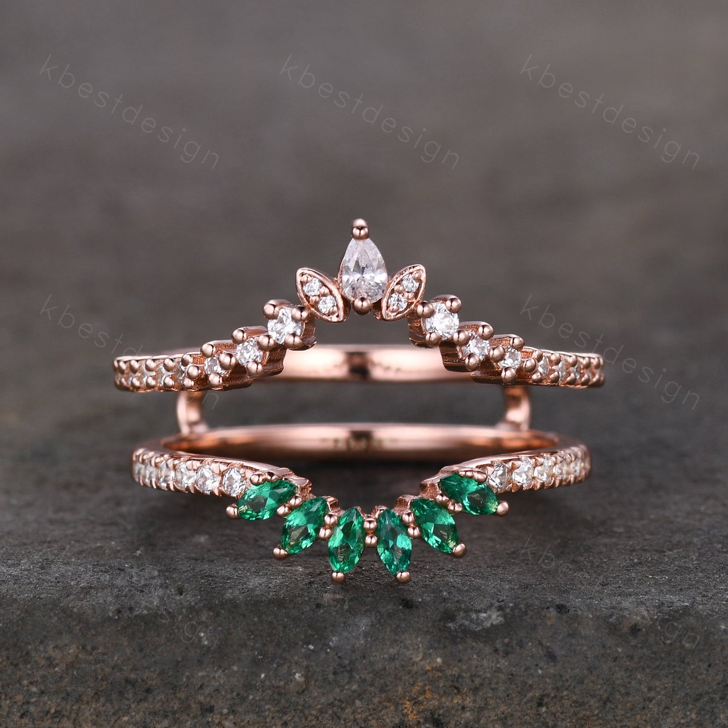 Double curved Moissanite/Emerald wedding band vintage Rose gold marquise emerald cluster band Half eternity stacking band Promise gift