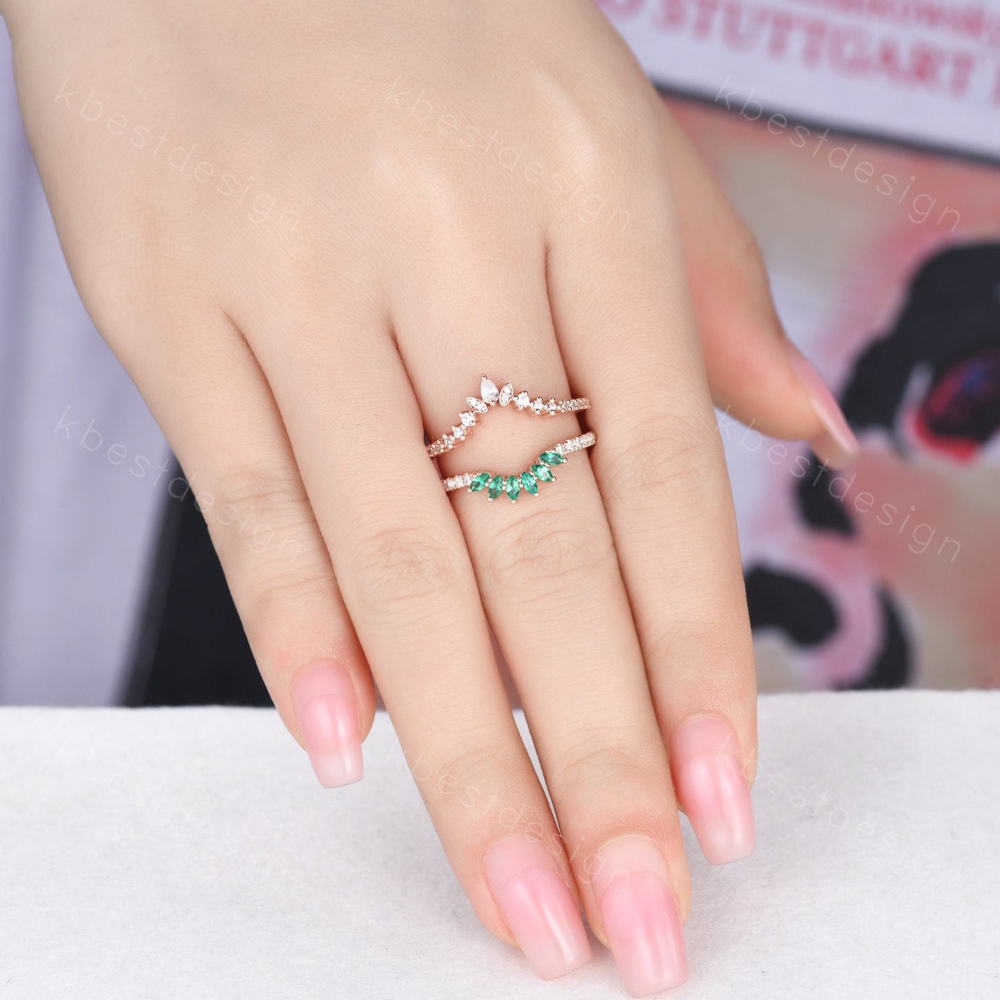 Double curved Moissanite/Emerald wedding band vintage Rose gold marquise emerald cluster band Half eternity stacking band Promise gift