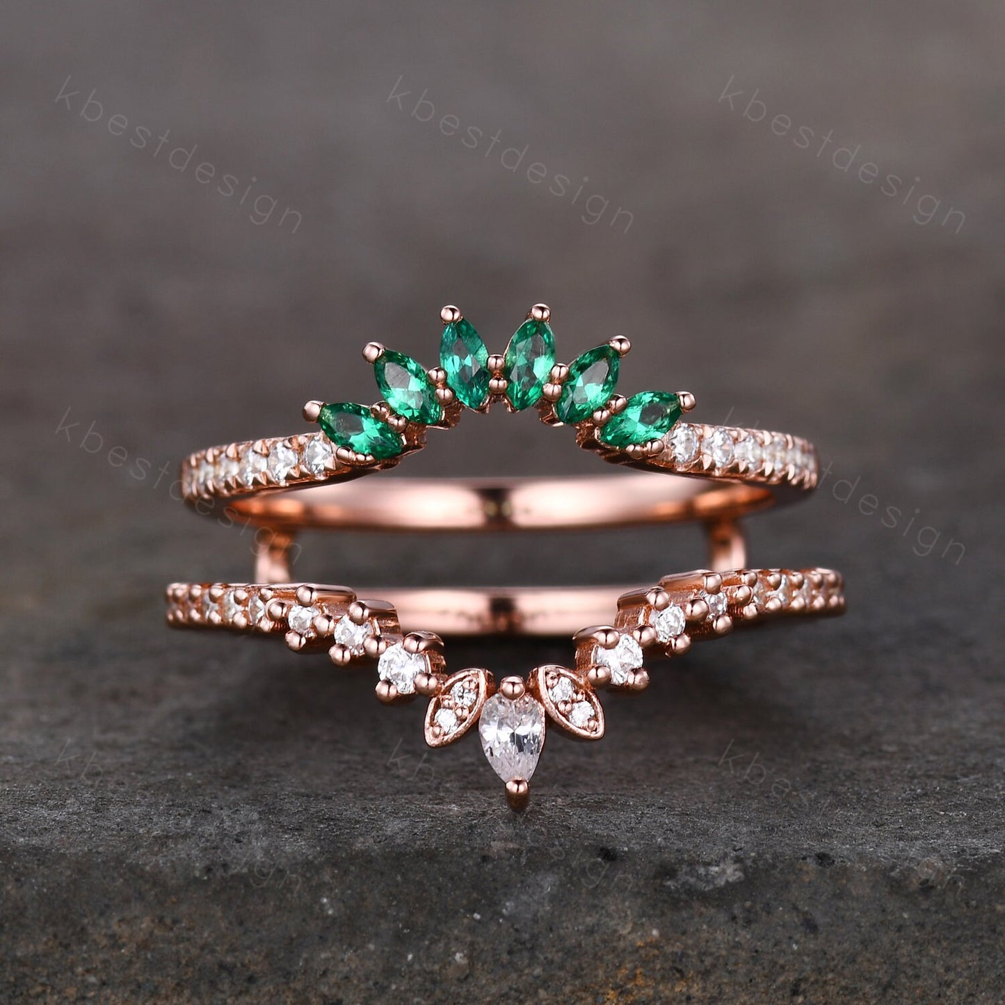 Double curved Moissanite/Emerald wedding band vintage Rose gold marquise emerald cluster band Half eternity stacking band Promise gift
