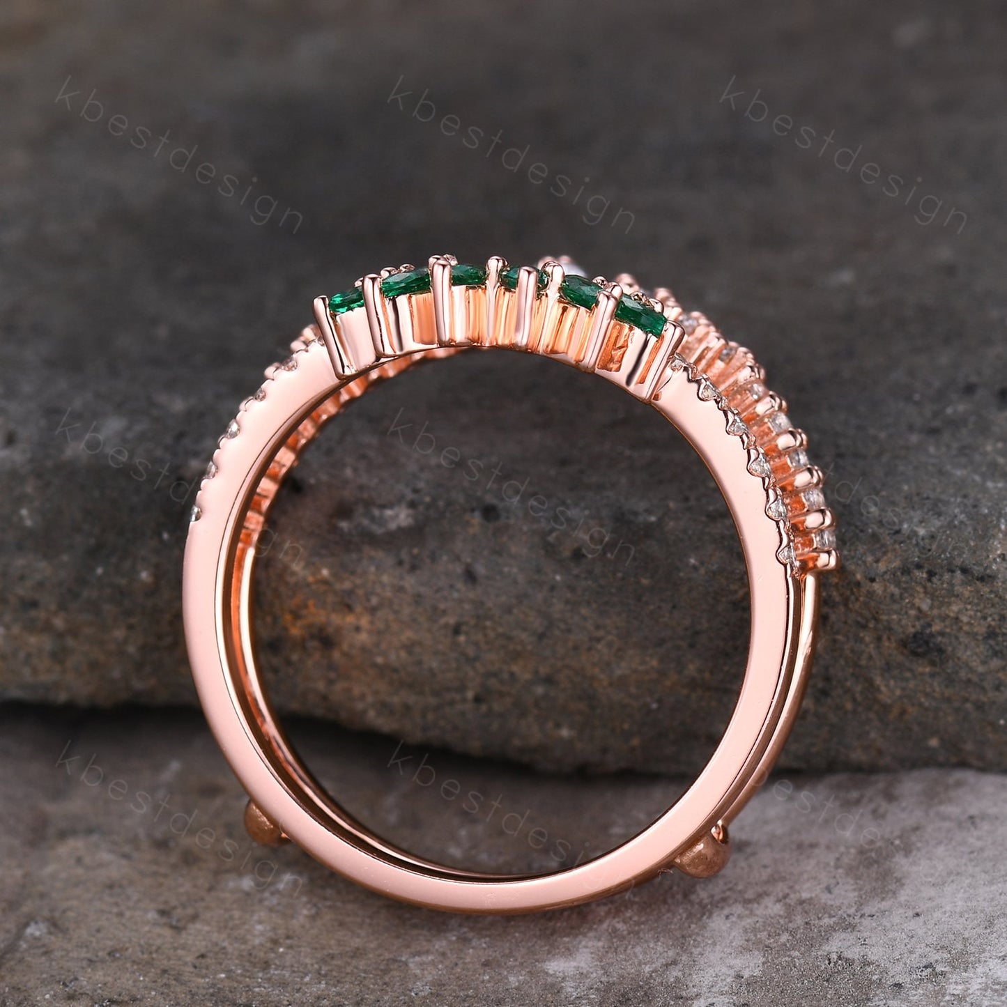 Double curved Moissanite/Emerald wedding band vintage Rose gold marquise emerald cluster band Half eternity stacking band Promise gift