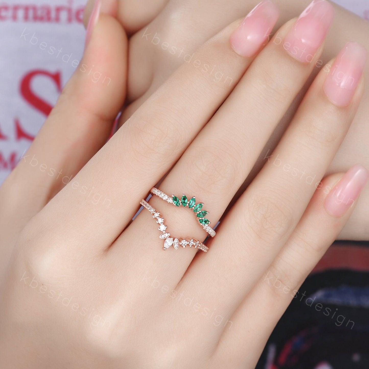 Double curved Moissanite/Emerald wedding band vintage Rose gold marquise emerald cluster band Half eternity stacking band Promise gift