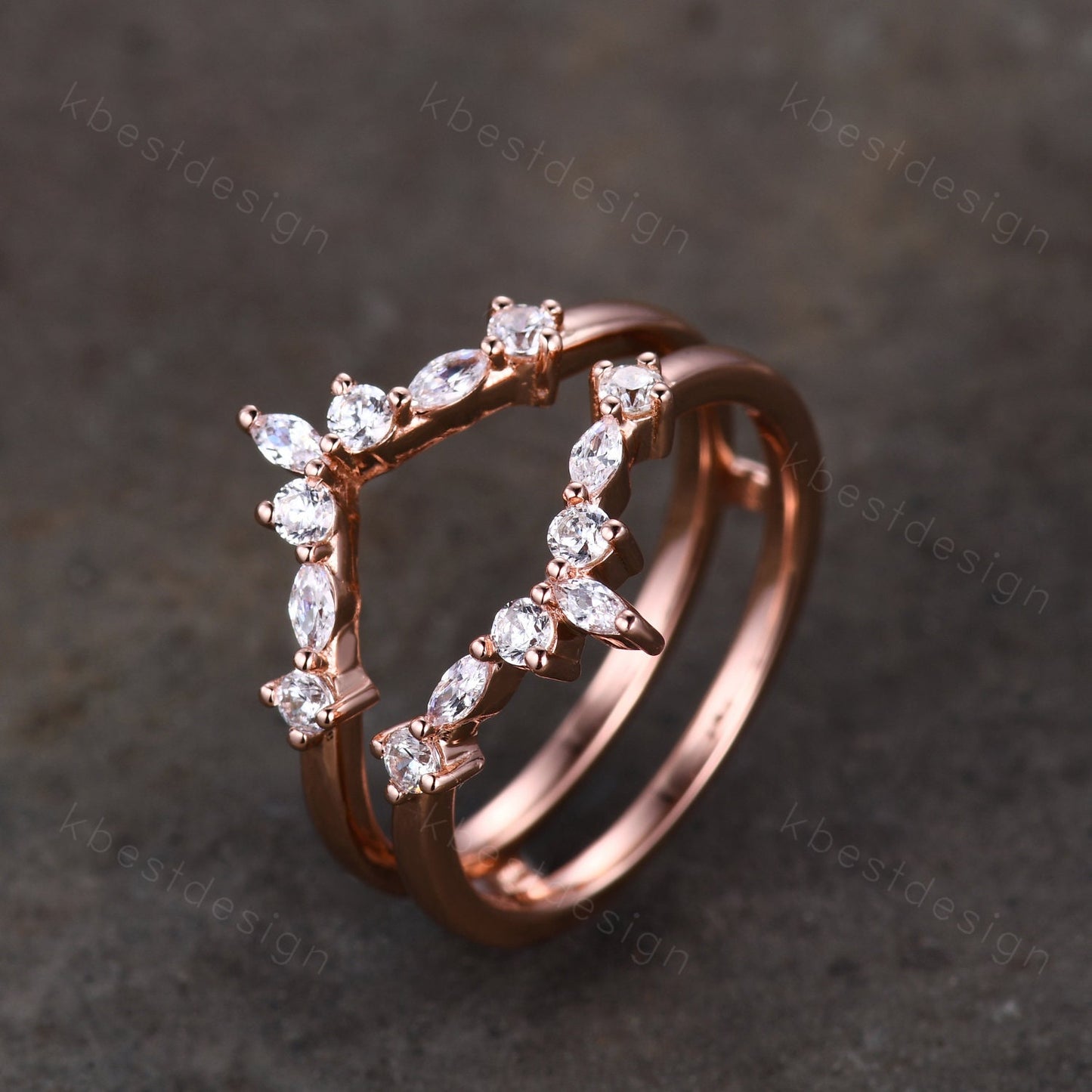Double curved wedding band Vintage marquise cut Moissanite cluster band Rose gold rings Unique stacking matching bridal ring Promise gift