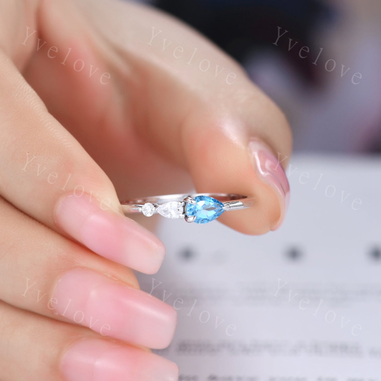 Vintage Swiss Blue Topaz Engagement Ring,Pear Cut Gems,Art Deco Moissanite Wedding Band,3 Stone Unique Women Bridal Promise Ring,Platinum