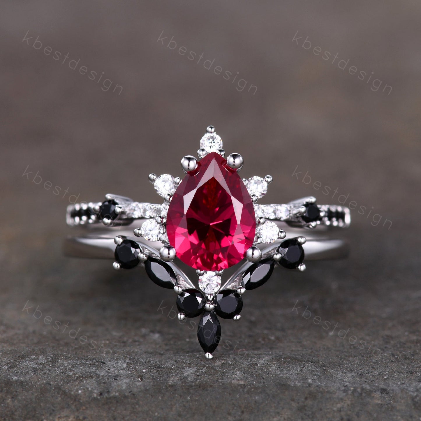 Vintage ruby engagement ring rose gold ring art deco curved black spinel wedding band pear cut bridal set unique anniversary wedding set