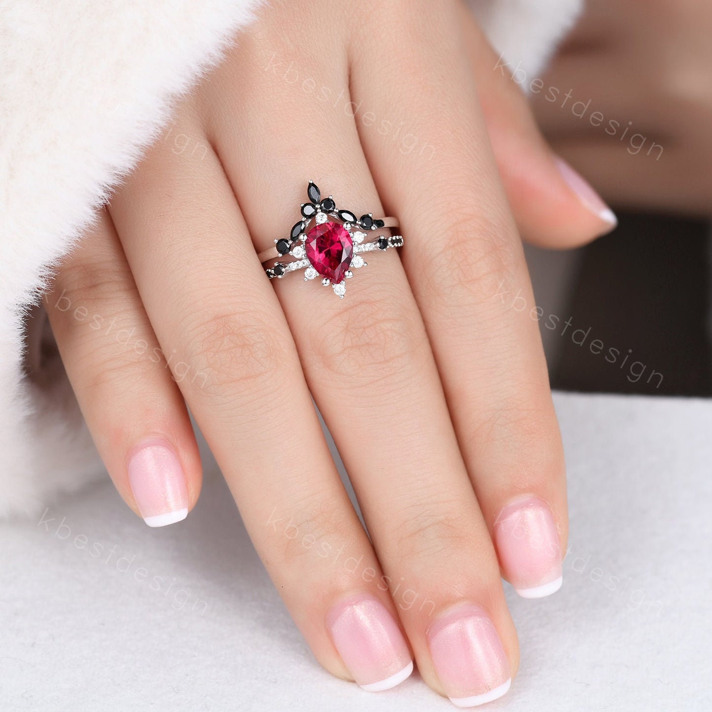 Vintage ruby engagement ring rose gold ring art deco curved black spinel wedding band pear cut bridal set unique anniversary wedding set