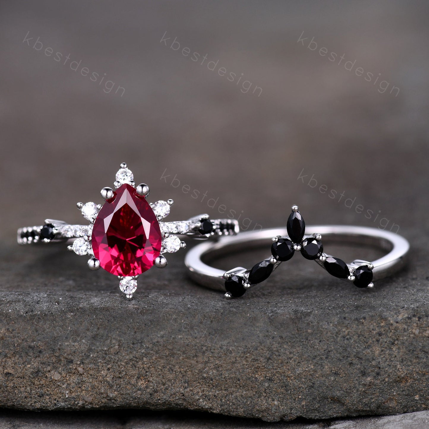 Pear shaped Ruby engagement ring set unique vintage black spinel ring women silver wedding rings art deco stacking band Bridal promise set